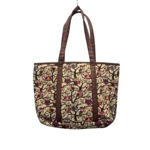 NWT Howard's Owl Print Canvas Tote Bag Brown Faux Leather Trim Zip Top‎ Medium